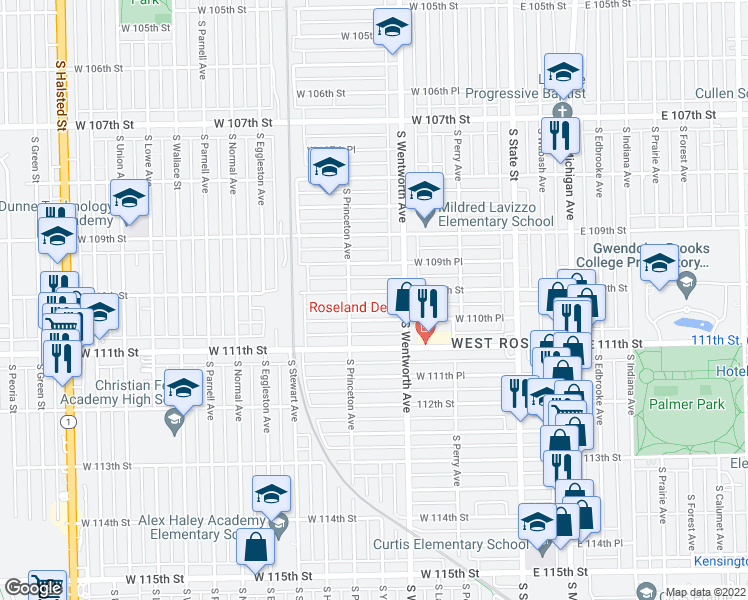 map of restaurants, bars, coffee shops, grocery stores, and more near 253 West 110th Street in Chicago