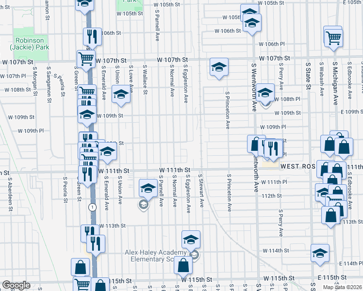 map of restaurants, bars, coffee shops, grocery stores, and more near 441 West 110th Street in Chicago