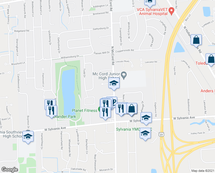 map of restaurants, bars, coffee shops, grocery stores, and more near 6727 Victoria Ct in Sylvania