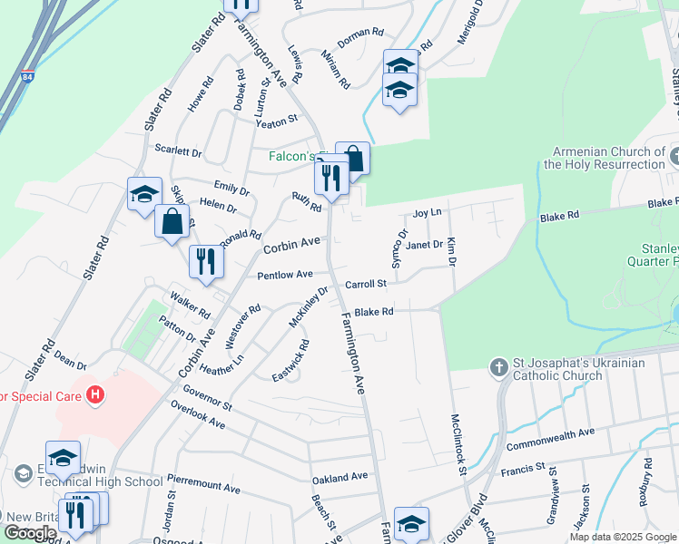 map of restaurants, bars, coffee shops, grocery stores, and more near 601 Farmington Avenue in New Britain