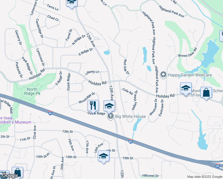map of restaurants, bars, coffee shops, grocery stores, and more near 1494 12th Avenue in Coralville