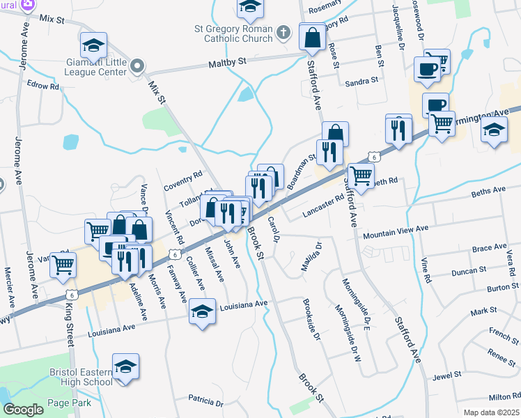 map of restaurants, bars, coffee shops, grocery stores, and more near 899 Farmington Avenue in Bristol