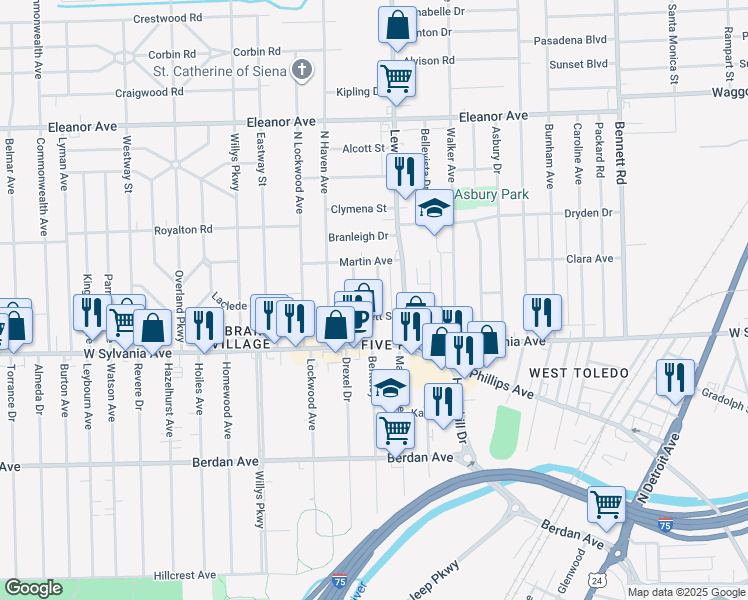 map of restaurants, bars, coffee shops, grocery stores, and more near 4117 Thornton Avenue in Toledo