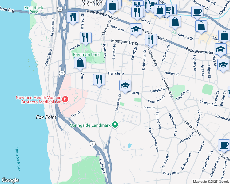 map of restaurants, bars, coffee shops, grocery stores, and more near 150 Academy Street in Poughkeepsie