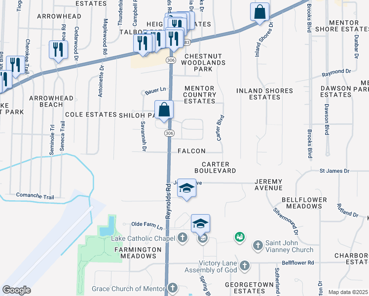 map of restaurants, bars, coffee shops, grocery stores, and more near 7385 Faye Lane in Mentor