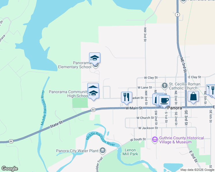 map of restaurants, bars, coffee shops, grocery stores, and more near 209 Oak Ridge Dr in Panora