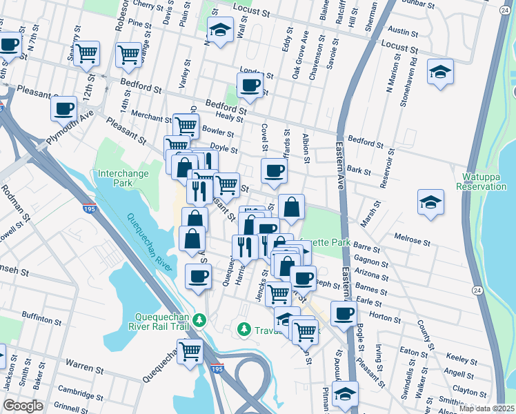map of restaurants, bars, coffee shops, grocery stores, and more near 34 Canonicus Street in Fall River