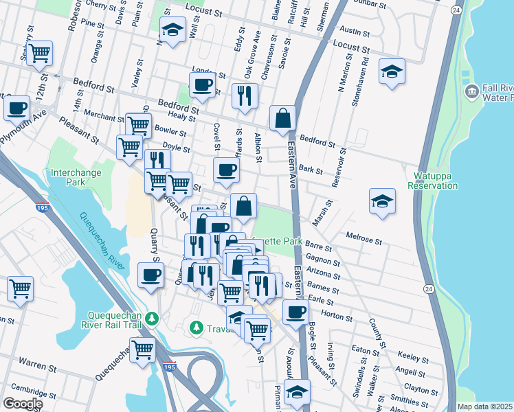 map of restaurants, bars, coffee shops, grocery stores, and more near 9 Mason Street in Fall River