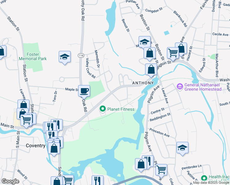 map of restaurants, bars, coffee shops, grocery stores, and more near 734 Washington Street in Coventry