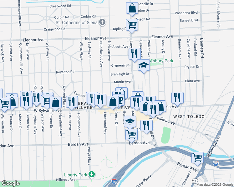 map of restaurants, bars, coffee shops, grocery stores, and more near 4117 Mayfield Drive in Toledo