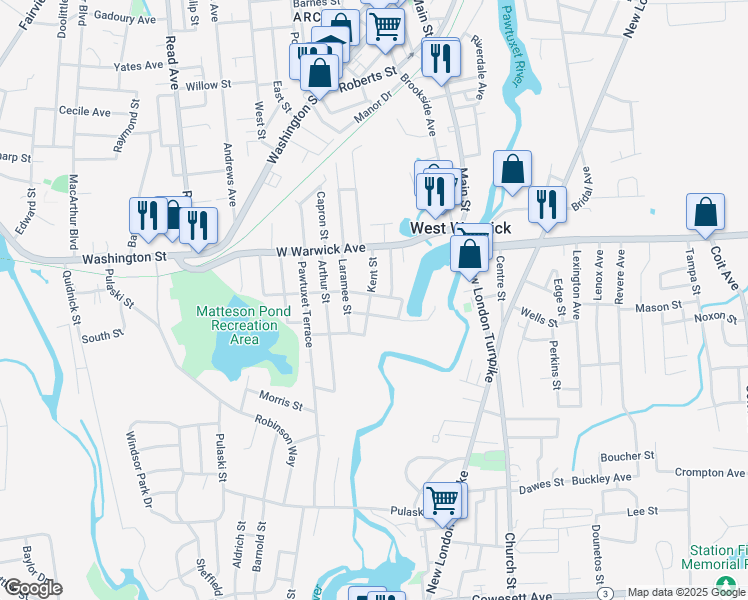 map of restaurants, bars, coffee shops, grocery stores, and more near 81 Harbour Avenue in West Warwick