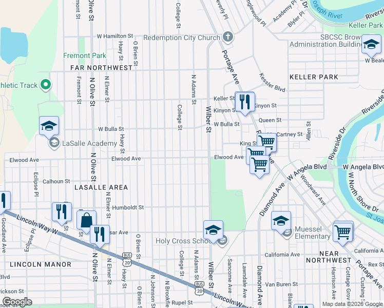 map of restaurants, bars, coffee shops, grocery stores, and more near 1703 Elwood Avenue in South Bend