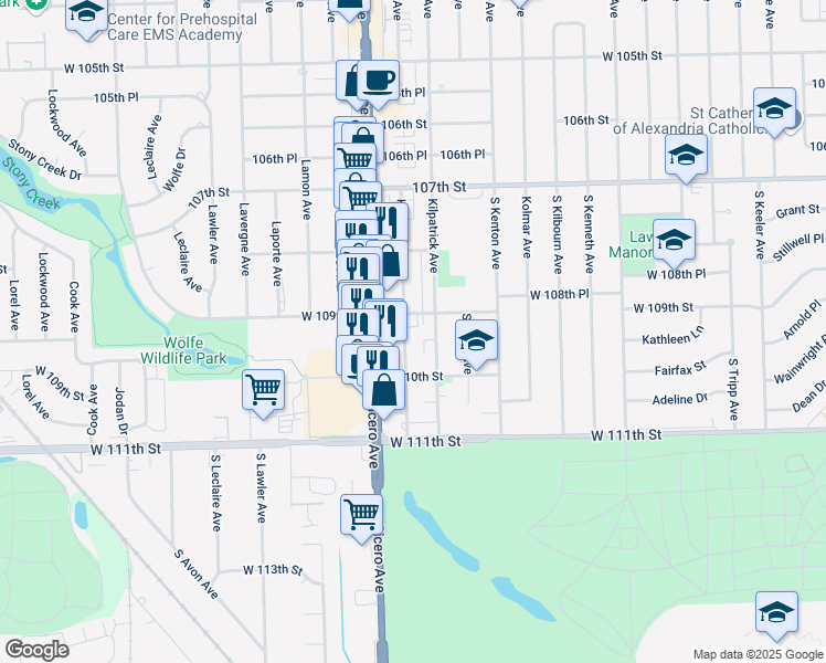 map of restaurants, bars, coffee shops, grocery stores, and more near 10909 Keating Avenue in Oak Lawn