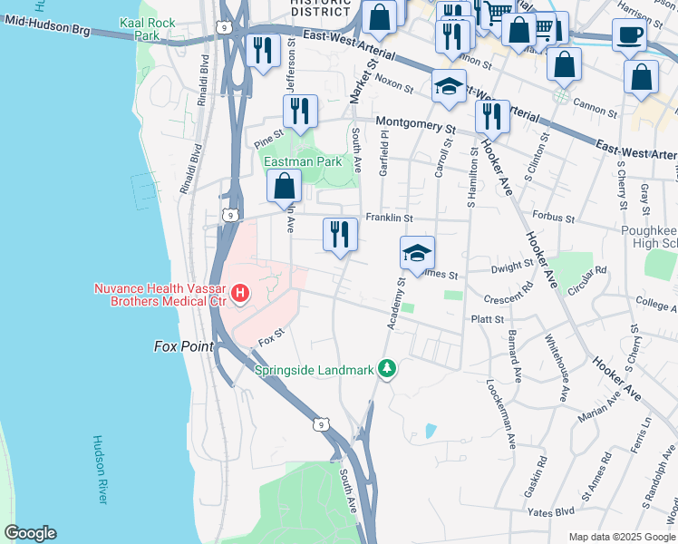 map of restaurants, bars, coffee shops, grocery stores, and more near 136 South Avenue in Poughkeepsie