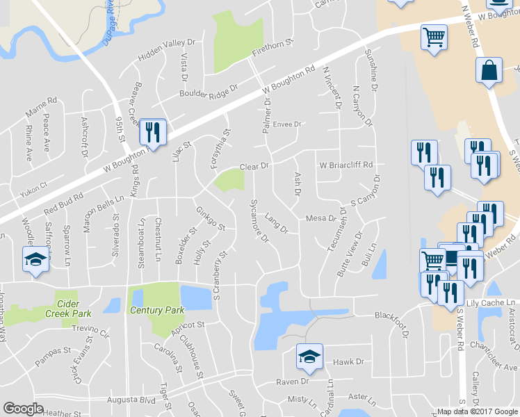 map of restaurants, bars, coffee shops, grocery stores, and more near 136 Sycamore Drive in Bolingbrook
