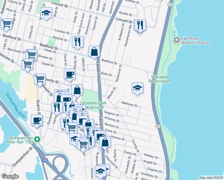 map of restaurants, bars, coffee shops, grocery stores, and more near 16 Marsh Street in Fall River