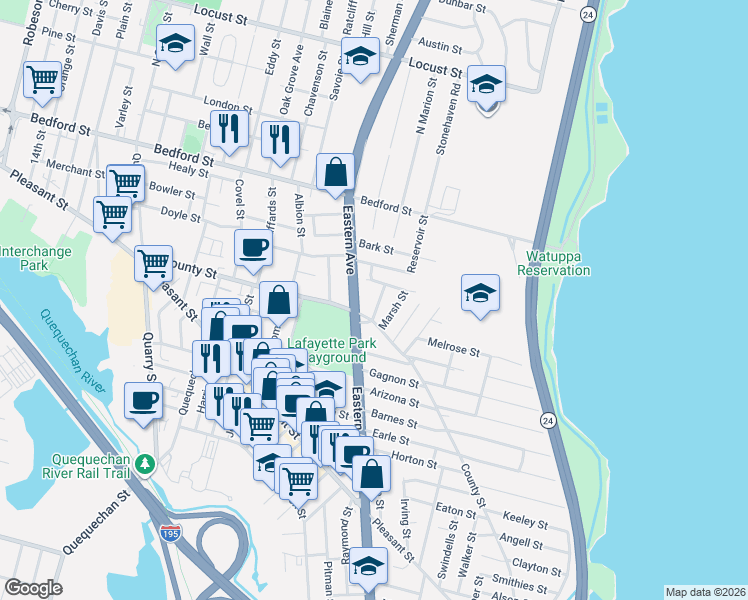 map of restaurants, bars, coffee shops, grocery stores, and more near 53 Buckley Street in Fall River