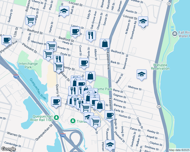 map of restaurants, bars, coffee shops, grocery stores, and more near 9 Mason Street in Fall River