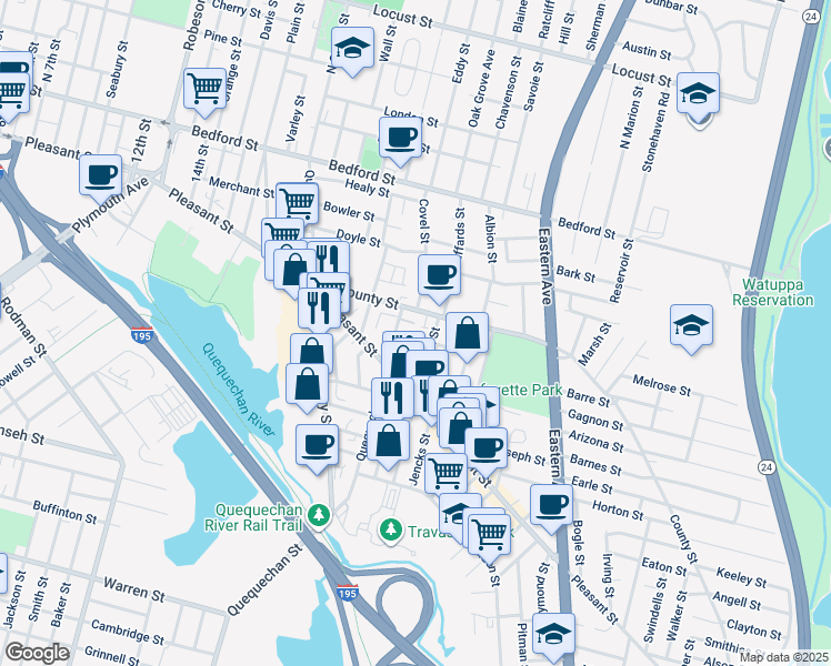 map of restaurants, bars, coffee shops, grocery stores, and more near 34 Canonicus Street in Fall River