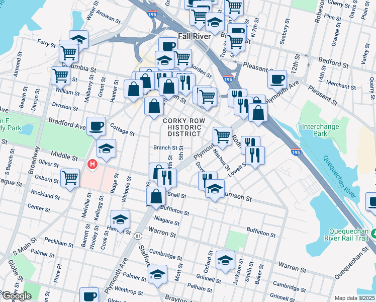map of restaurants, bars, coffee shops, grocery stores, and more near 261 John Street in Fall River