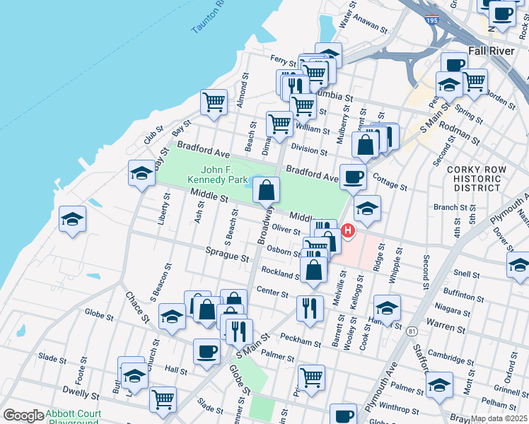 map of restaurants, bars, coffee shops, grocery stores, and more near 523 Broadway in Fall River