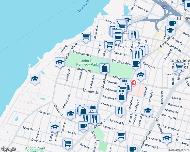 map of restaurants, bars, coffee shops, grocery stores, and more near 16 Oliver Street in Fall River