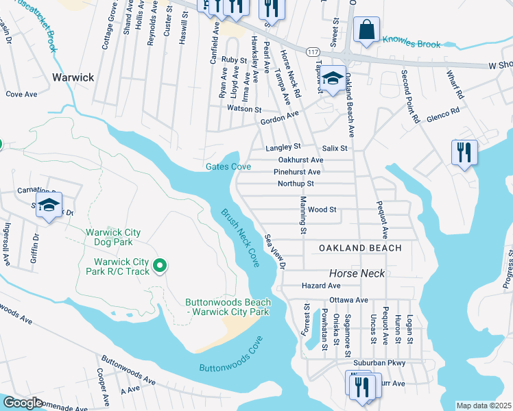 map of restaurants, bars, coffee shops, grocery stores, and more near 211 Wood Street in Warwick