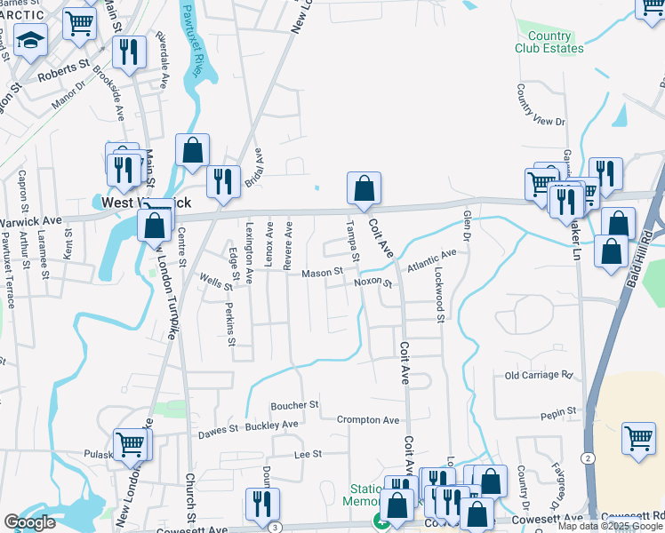 map of restaurants, bars, coffee shops, grocery stores, and more near 18 Mason Street in West Warwick