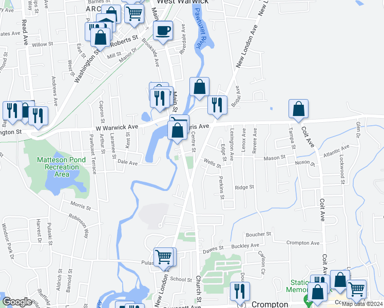 map of restaurants, bars, coffee shops, grocery stores, and more near 25 New London Avenue in West Warwick