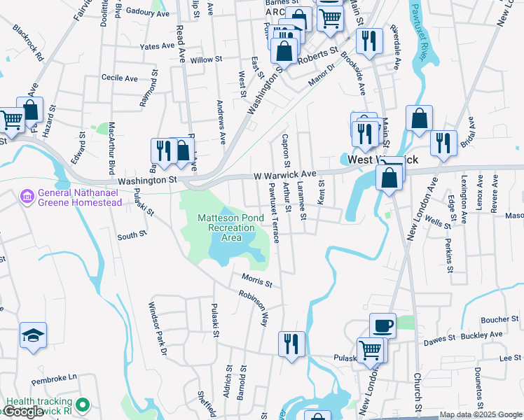 map of restaurants, bars, coffee shops, grocery stores, and more near 41 Pawtuxet Terrace in West Warwick