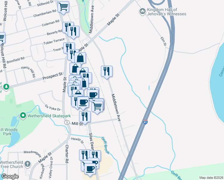 map of restaurants, bars, coffee shops, grocery stores, and more near 294 Middletown Avenue in Wethersfield