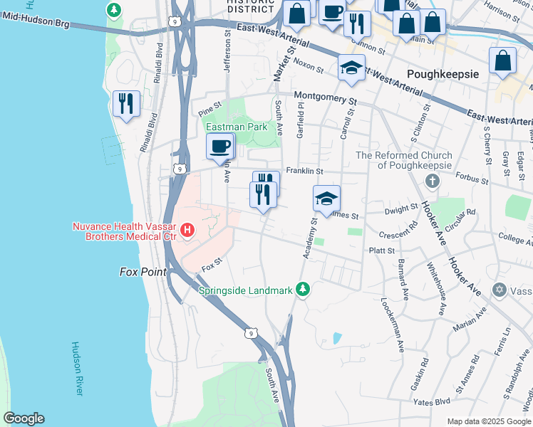 map of restaurants, bars, coffee shops, grocery stores, and more near 3 Reade Place in Poughkeepsie