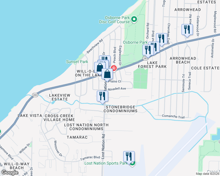 map of restaurants, bars, coffee shops, grocery stores, and more near 1135 Lost Nation Road in Willoughby