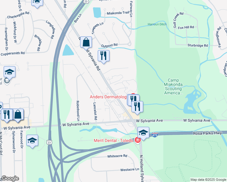 map of restaurants, bars, coffee shops, grocery stores, and more near 4169 North Holland Sylvania Road in Toledo