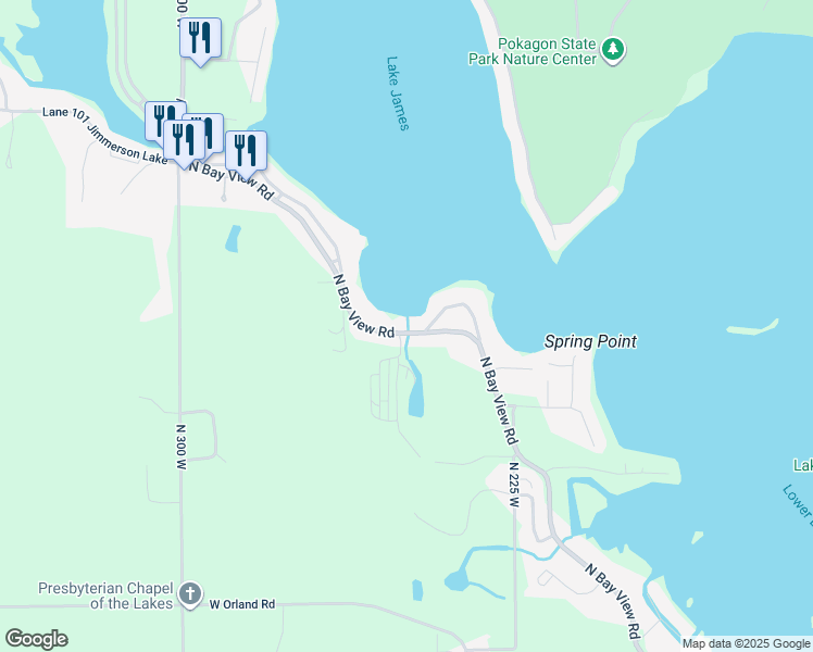 map of restaurants, bars, coffee shops, grocery stores, and more near 3618 North Bay View Road in Angola