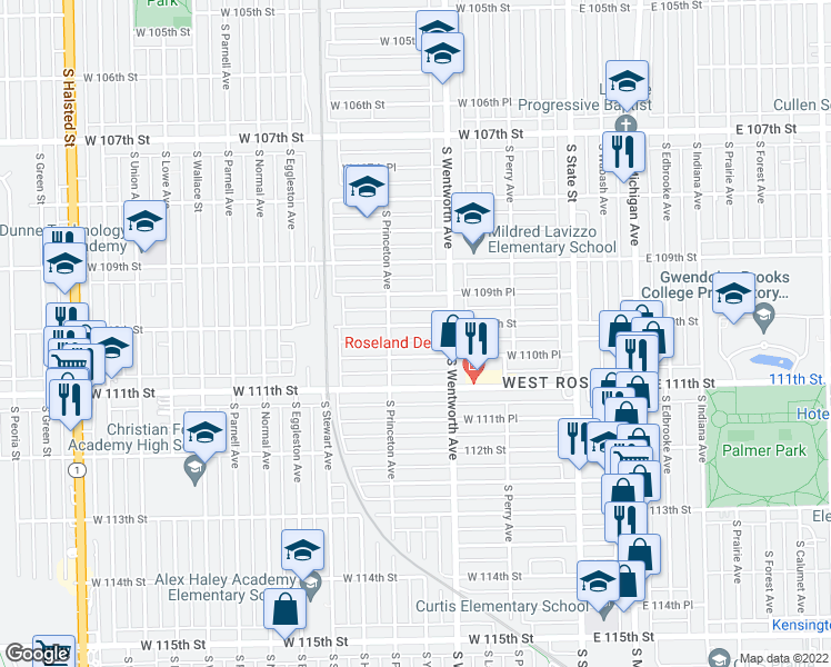 map of restaurants, bars, coffee shops, grocery stores, and more near 253 West 110th Street in Chicago