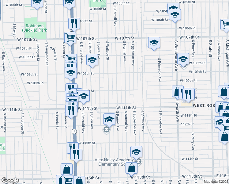 map of restaurants, bars, coffee shops, grocery stores, and more near 11005 South Parnell Avenue in Chicago