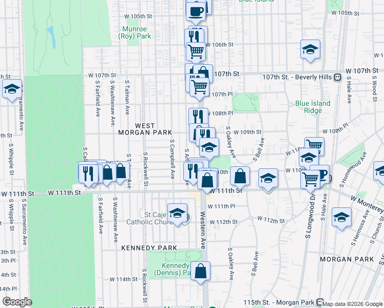 map of restaurants, bars, coffee shops, grocery stores, and more near 10949 South Artesian Avenue in Chicago