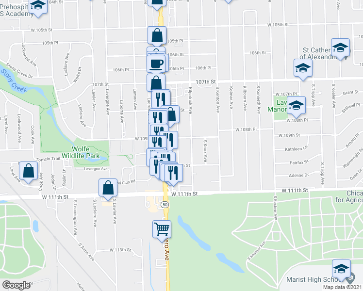 map of restaurants, bars, coffee shops, grocery stores, and more near 10913 Keating Avenue in Oak Lawn