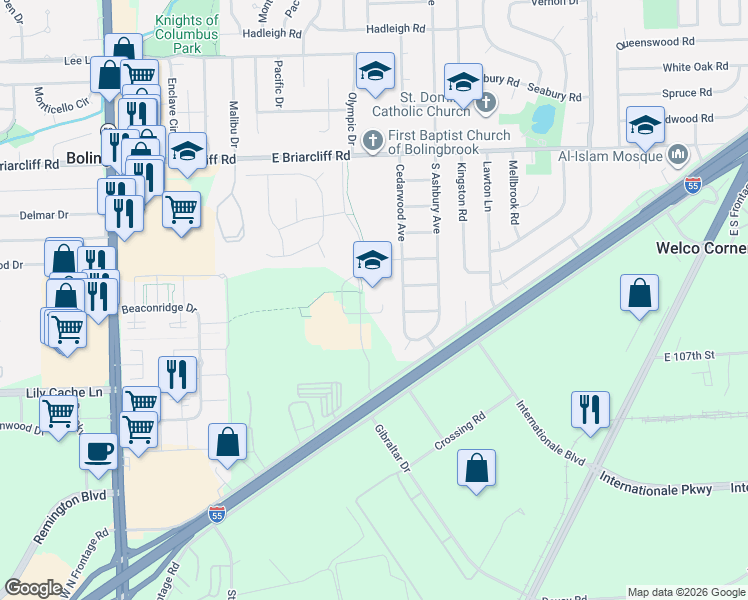 map of restaurants, bars, coffee shops, grocery stores, and more near 201 Recreation Drive in Bolingbrook