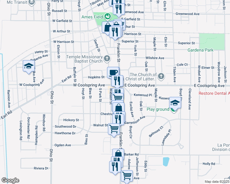 map of restaurants, bars, coffee shops, grocery stores, and more near 3000-3098 Wabash St in Michigan City