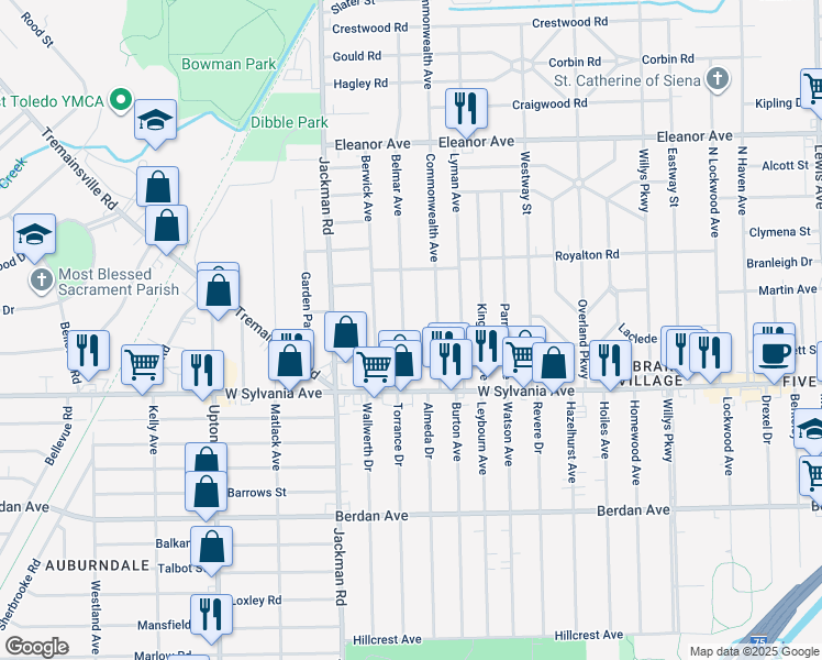 map of restaurants, bars, coffee shops, grocery stores, and more near 4120 Belmar Avenue in Toledo
