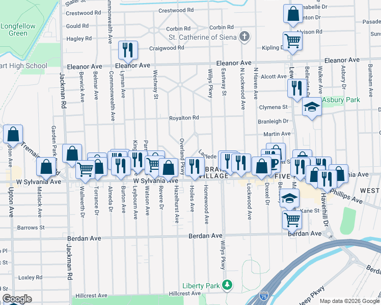 map of restaurants, bars, coffee shops, grocery stores, and more near 4114 Carthage Road in Toledo