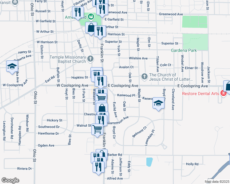 map of restaurants, bars, coffee shops, grocery stores, and more near 106 Kenwood Place in Michigan City