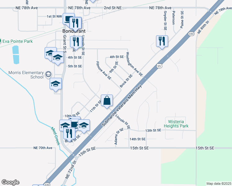 map of restaurants, bars, coffee shops, grocery stores, and more near 514 Brick St SE in Bondurant