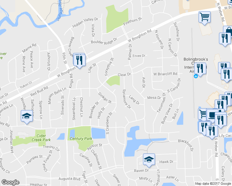 map of restaurants, bars, coffee shops, grocery stores, and more near 8 Catalpa Court in Bolingbrook