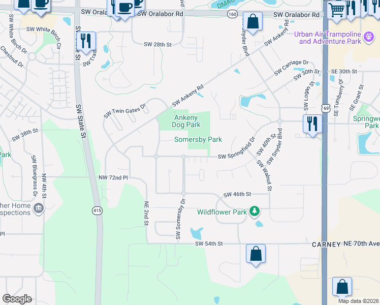 map of restaurants, bars, coffee shops, grocery stores, and more near 920 Southwest Springfield Drive in Ankeny