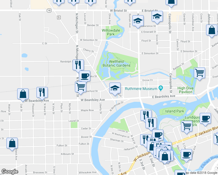 map of restaurants, bars, coffee shops, grocery stores, and more near 351 West Crawford Street in Elkhart