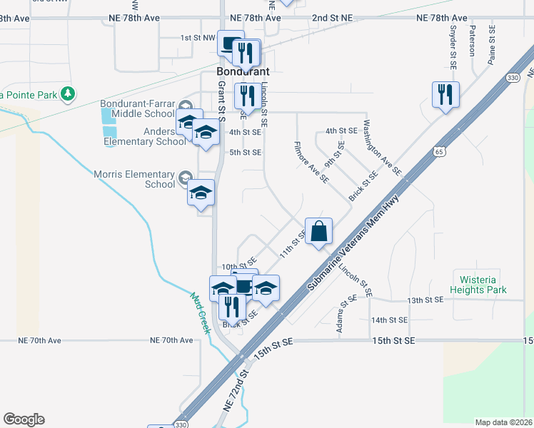 map of restaurants, bars, coffee shops, grocery stores, and more near 907 Lincoln Court Southeast in Bondurant
