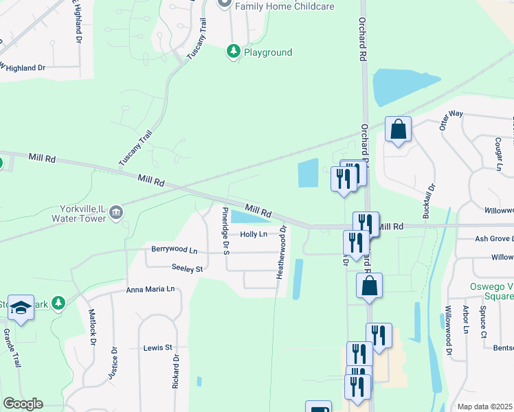 map of restaurants, bars, coffee shops, grocery stores, and more near 6823 Mill Road in Oswego